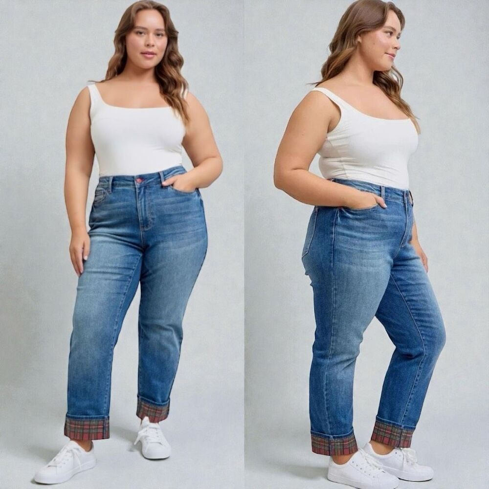 Judy Blue Buffalo Plaid Cuff Straight Leg Jeans Mid Rise Size 13/31 NWT - Picture 6 of 16